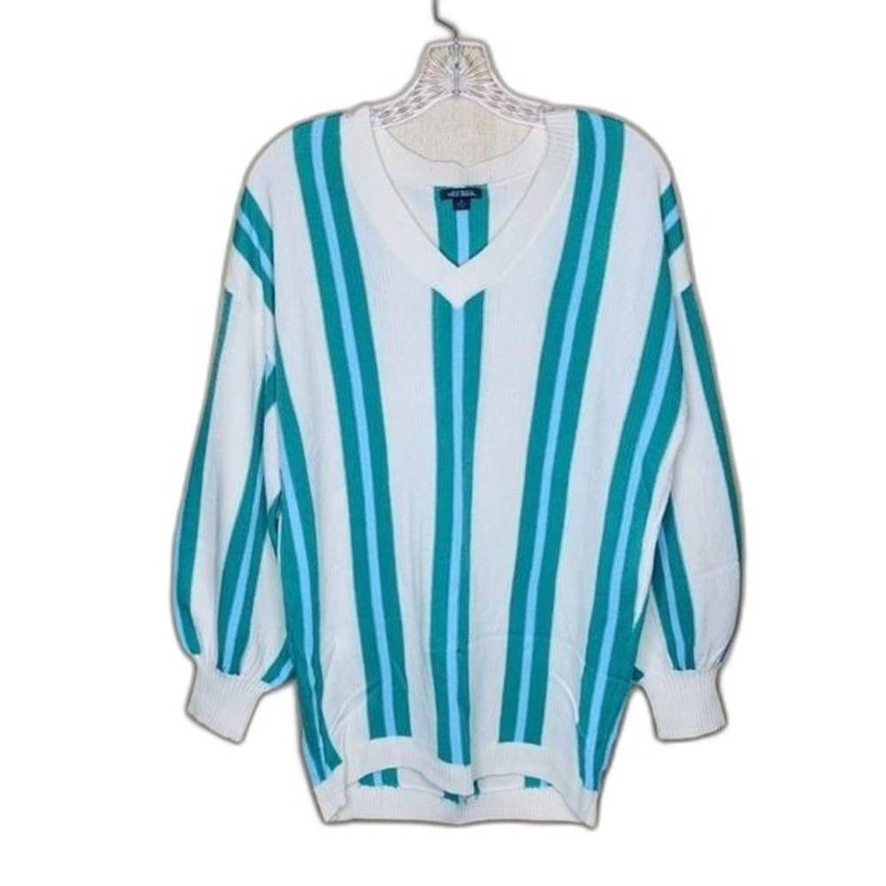 Wild Fable Sweater Women White Teal Blue Striped V-Neck Balloon Sleeve Coastal M